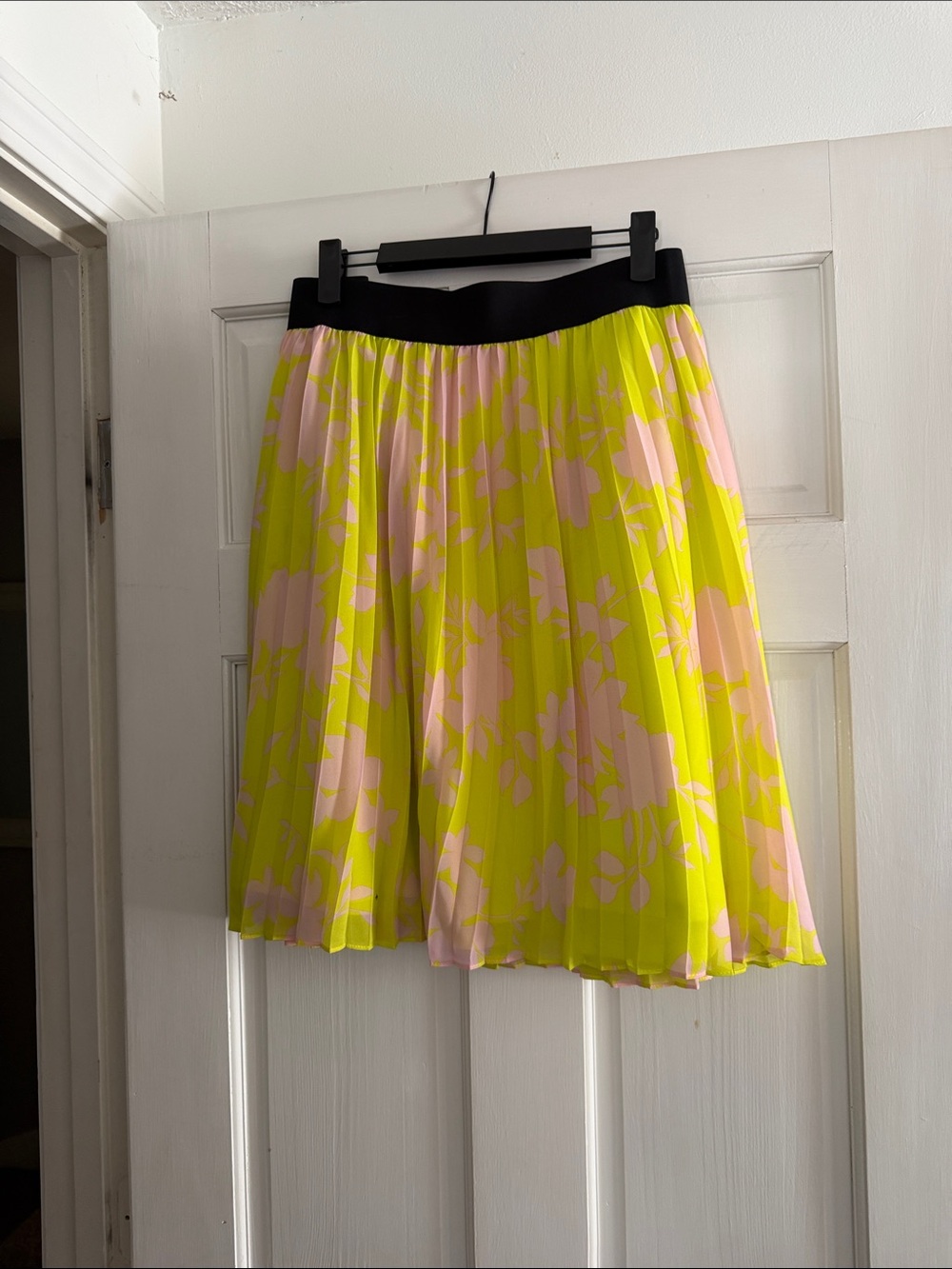 Pleated Floral Midi Skirt in Neon Yellow and Light Pink